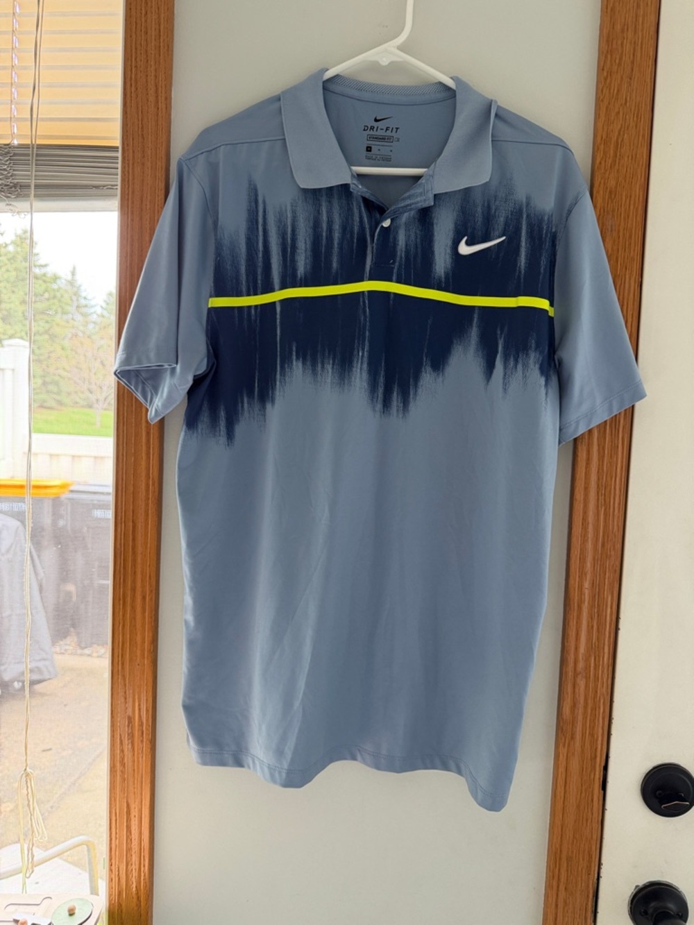 Nike Light Blue Polo with Navy Graphic and Neon Yellow Stripe